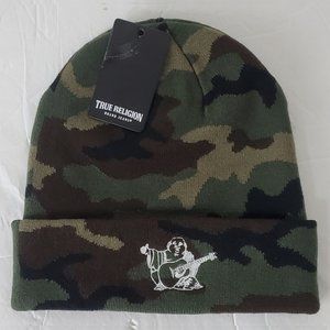 TRUE RELIGION CUFFED BEANIE CAMO HAT MEN' EMBROIDERED WHITE BUDDHA GUITAR LOGO